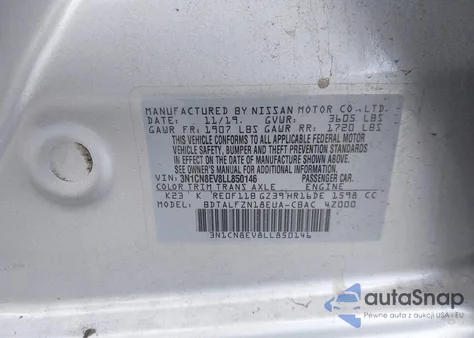 2020 Nissan Versa Sv Xtronic Cvt z USA, uszkodzony, nr VIN 3N1CN8EV8LL850146